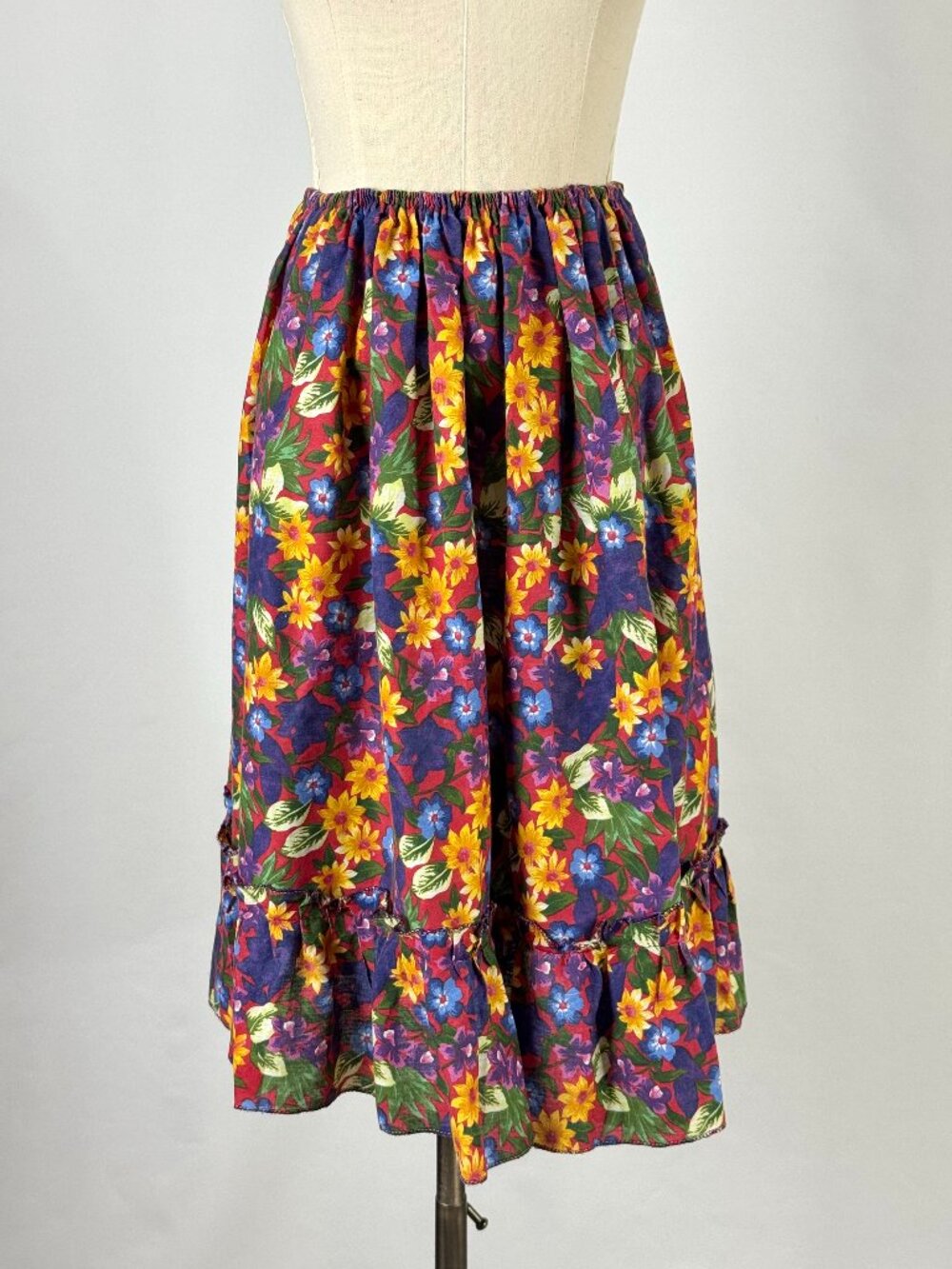 Vtg Colorful Tropical Floral Hawaiian Skirt Tiered Ruffle Elastic Waist Pull On